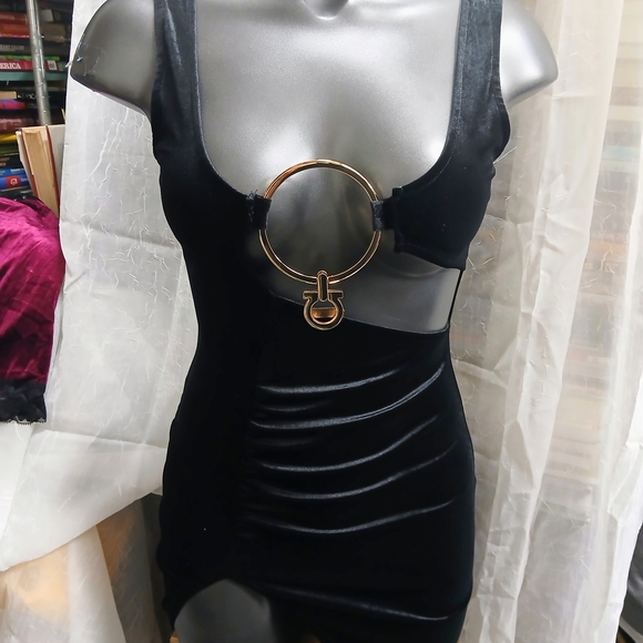 Dresses & Skirts - Black Velvet Mini Dress with Gold Ring Accent